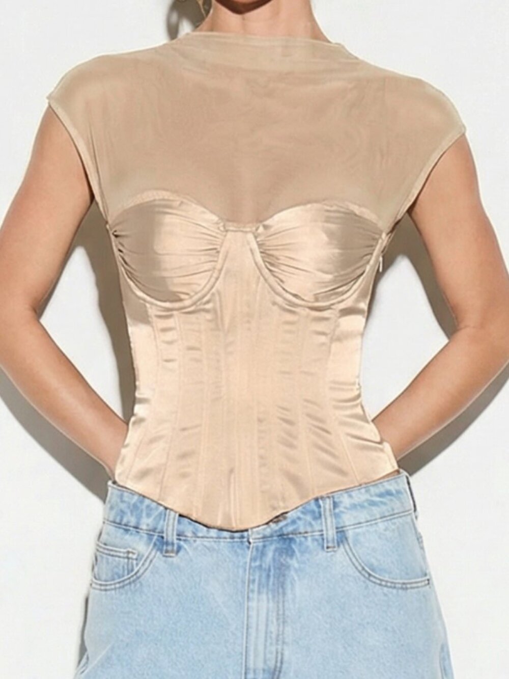 Cream Elegant Women's Bustier Corset Tank Top Sheer Mesh Sleeves - Picture 3 of 5